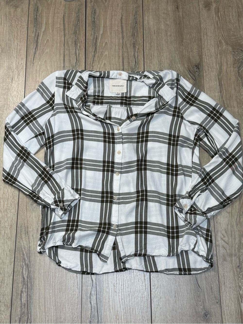 Thread & Supply Cream &  Green Plaid Long Sleeve Button Down Shirt Medium - Picture 4 of 15